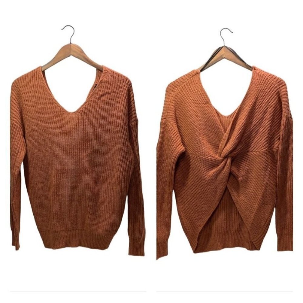 Love Tree V-Neck Knit Sweater With Rear Knot - Rust Orange, Acrylic, Size Medium